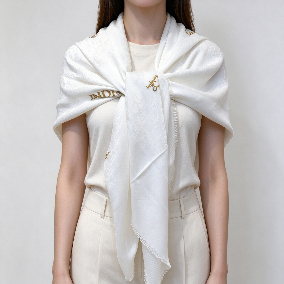 Dior Oblique Jacquard Shawl Scarf | White & Gold Wool Silk Cotton Wrap | Large Square Fringed Stole