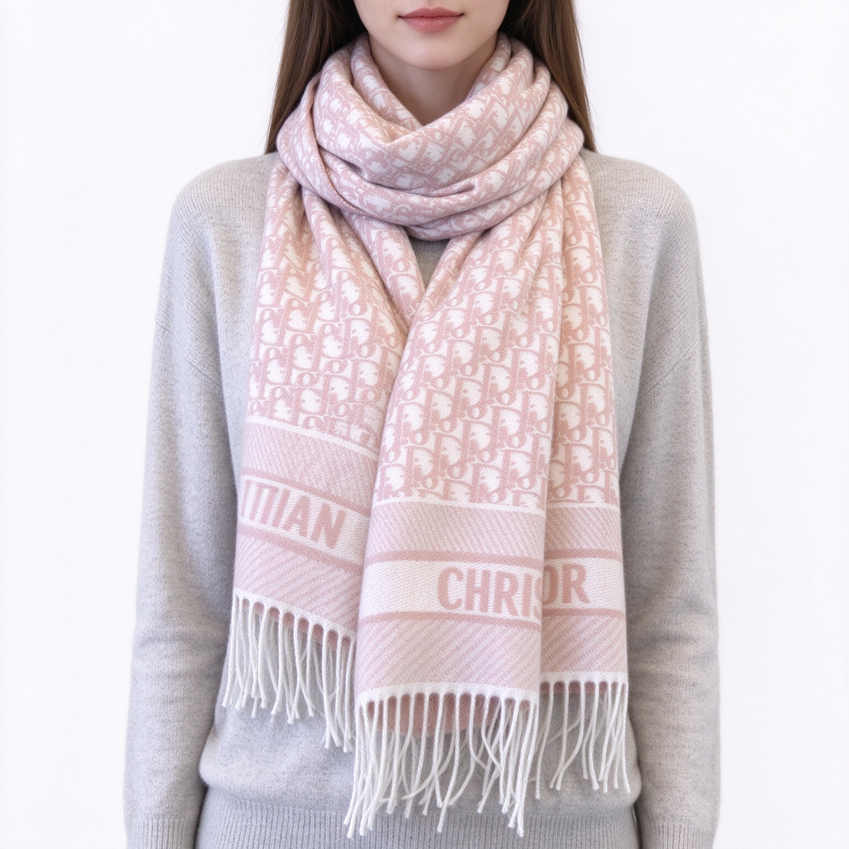 Dior Oblique Jacquard Scarf | Blush Pink & Ivory Wool Wrap | Embroidered Logo Band & Fringed Luxury Stole