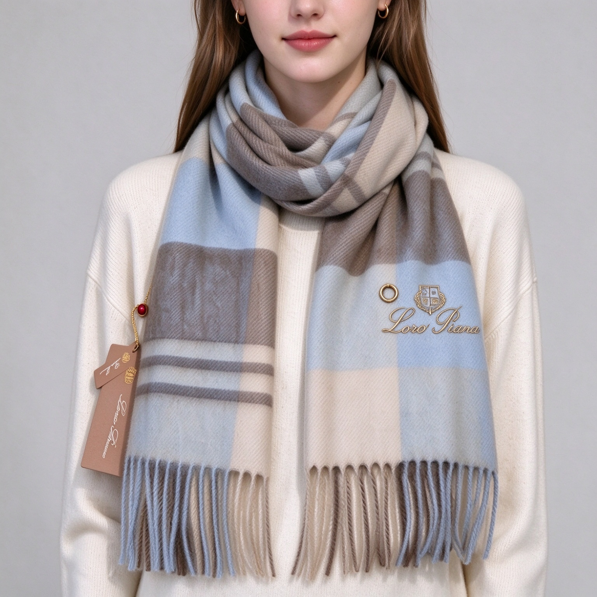 Loro Piana  Cashmere Tartan Check Scarf Shawl Sky Blue Oatmeal Taupe | Luxury Embroidered Crest Fringed Wrap Women's & Men's