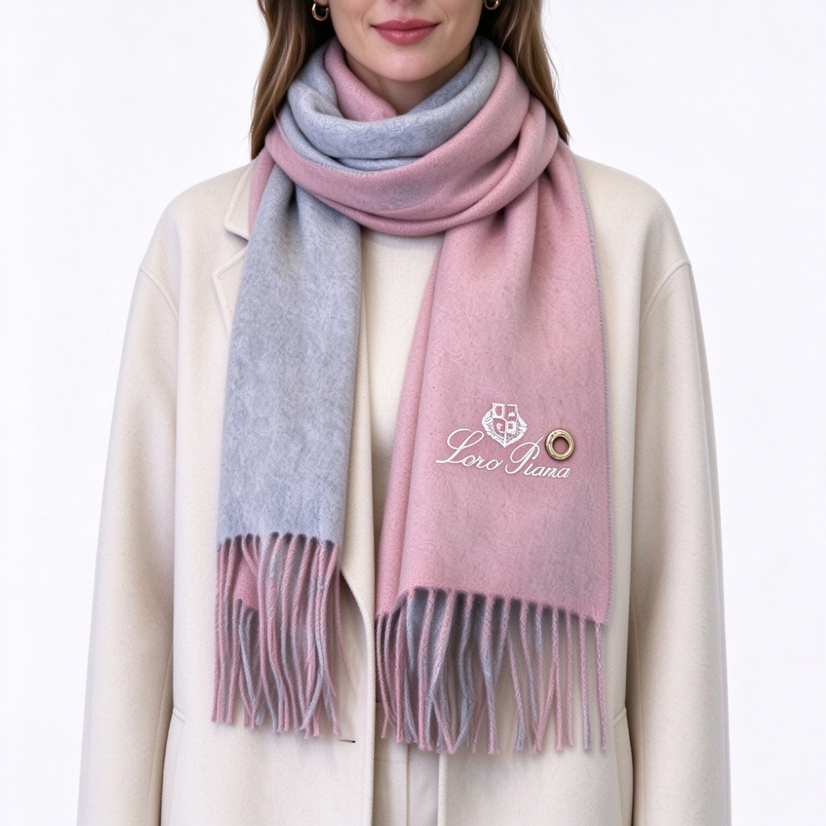 Loro Piana Gifts  Cashmere Scarf | Ombré Dusty Rose Pink & Grey Luxury Wrap with Embroidered Crest Logo & Gold Metal Ring