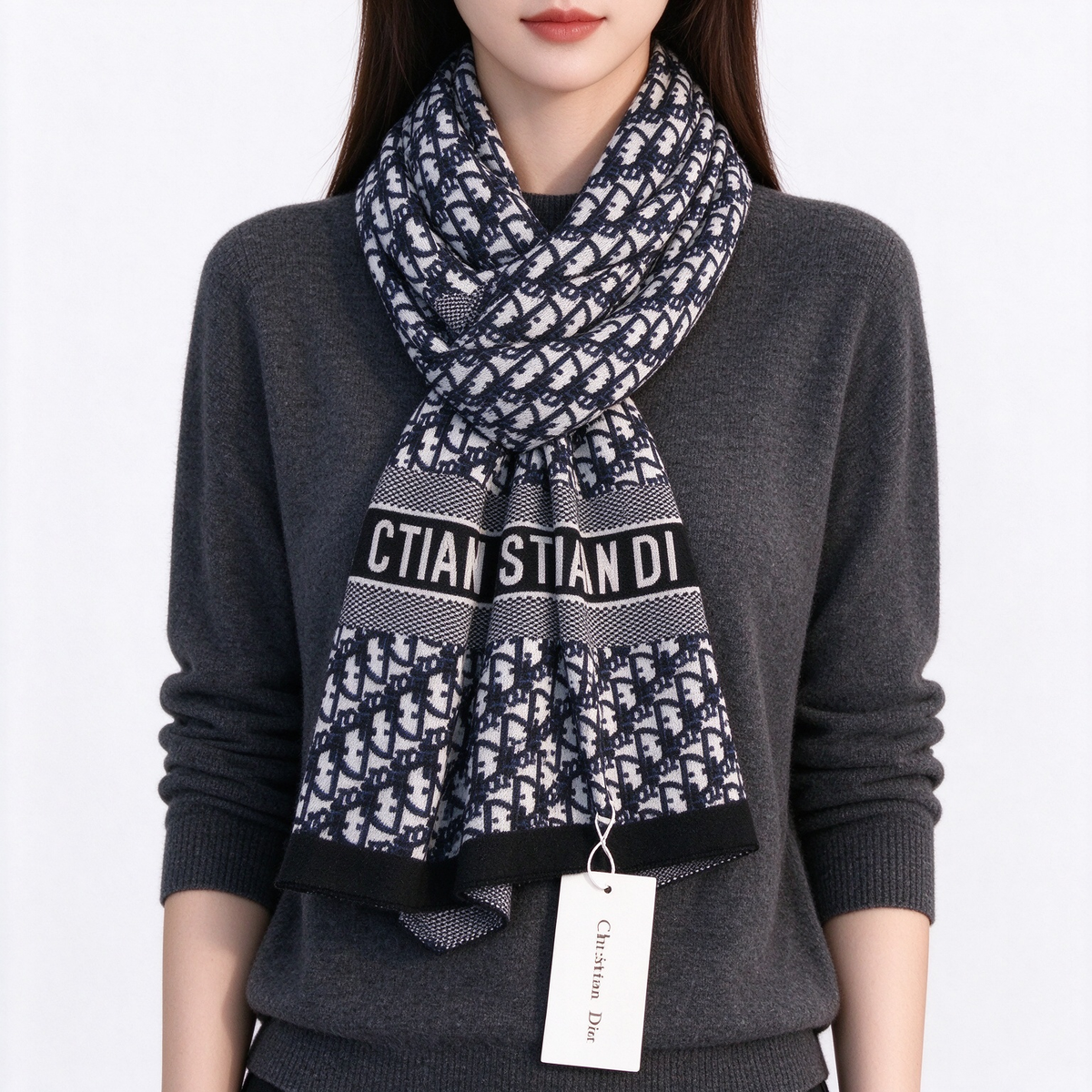Dior Oblique Jacquard Scarf | Navy Blue & Black Knit Wrap | Reversible Logo Band & Stripe Border Stole