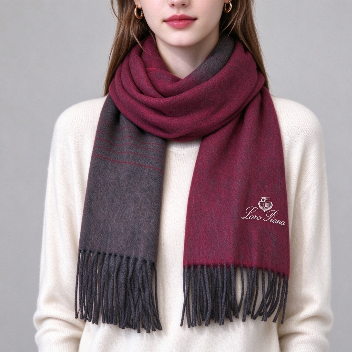 Loro Piana  Cashmere Grande Unita Reversible Scarf Burgundy & Charcoal Grey | Two-Tone Luxury Fringed Wrap Women's & Men's