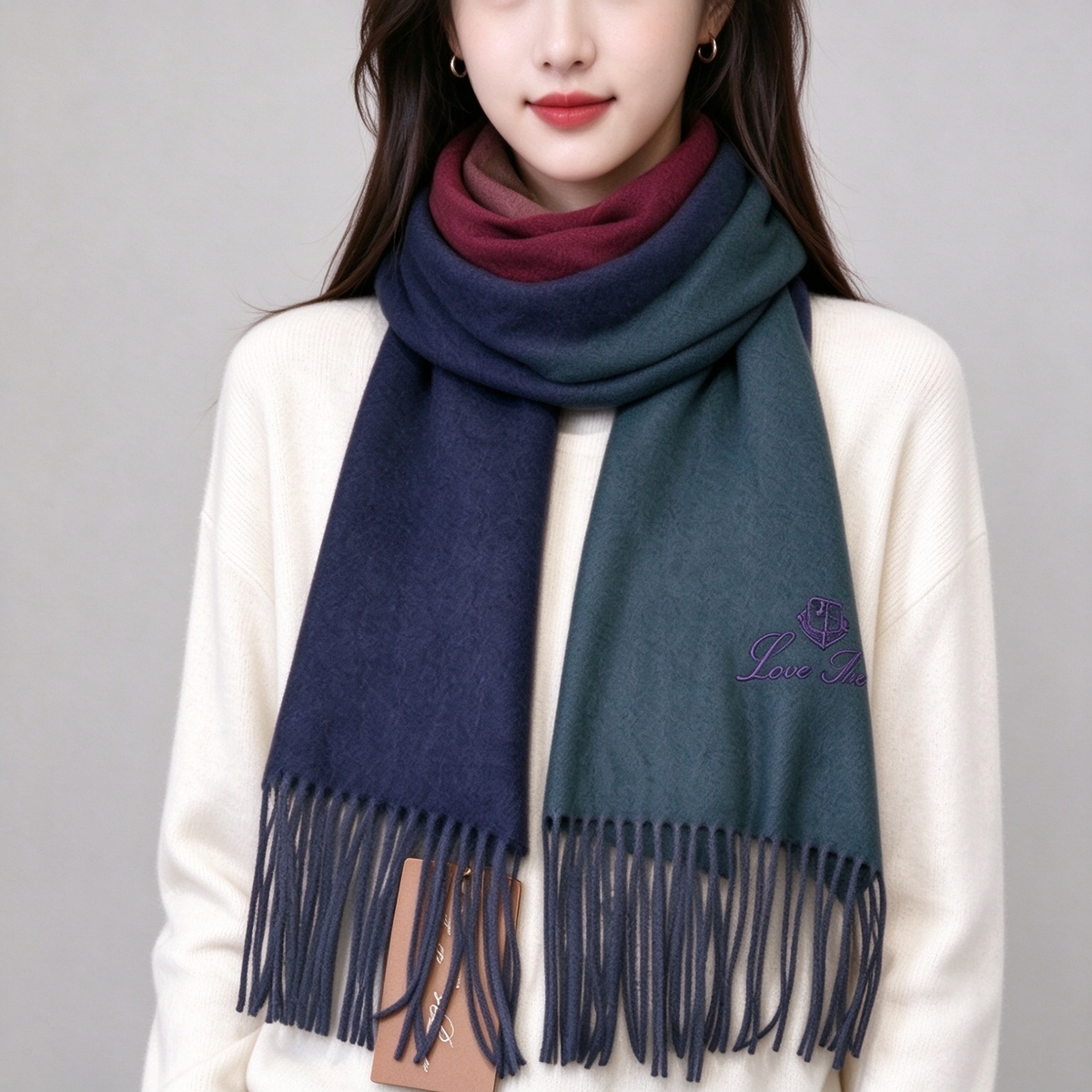 Loro Piana  Cashmere Grande Unita Scarf Slate Green Olive | Colored Edge Luxury Fringed Wrap Women's & Men's Fine Accessories