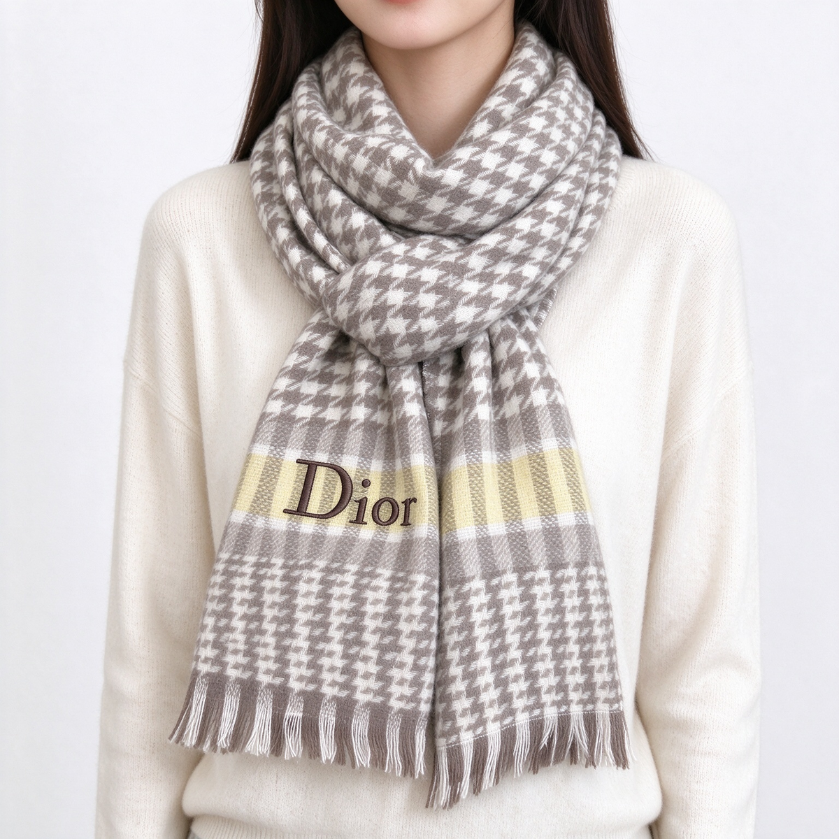 Christian Dior Houndstooth Cashmere Wool Scarf – Beige & Yellow Striped Fringed Shawl | Luxury Designer Winter Accessory