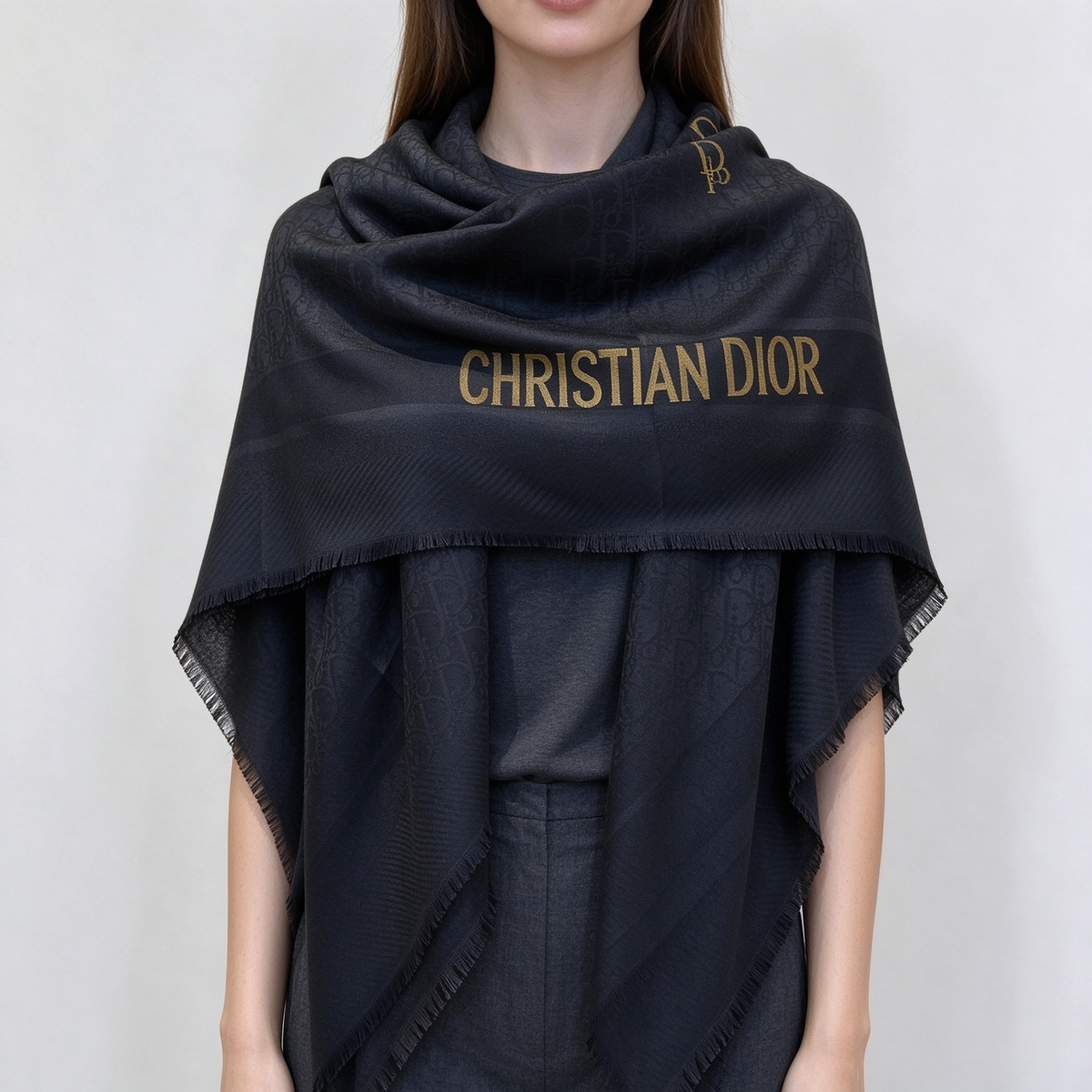 Dior Oblique Jacquard Shawl/Scarf | Navy blue and gold, crafted from a blend of wool, silk, and cotton | Large square shawl with fringe