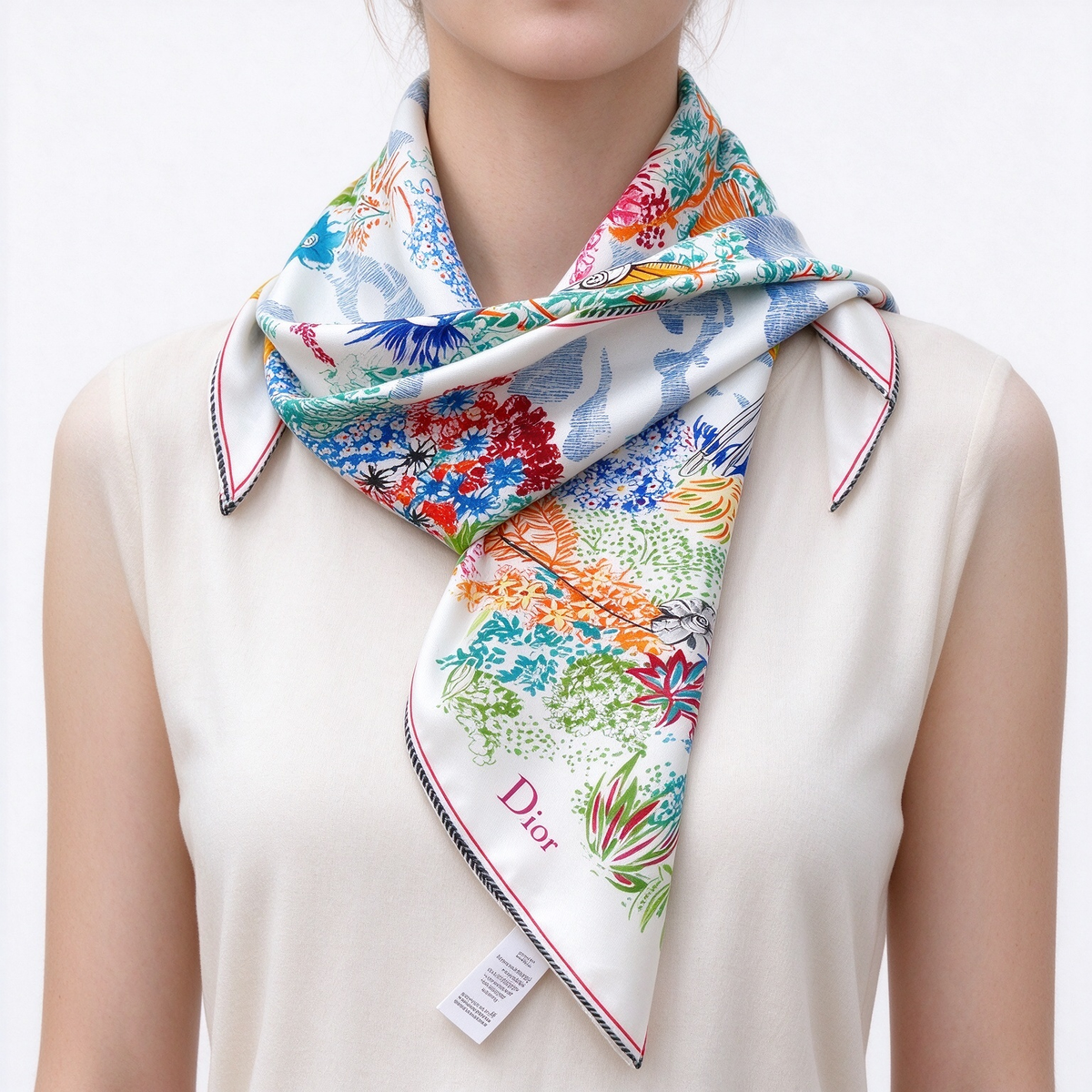 Jonathan Anderson Designs Dior Atelier Silk Square Scarf — Featuring Colorful "Haute Couture Tools" and "Botanical Garden" Prints | Luxury Designer Accessories