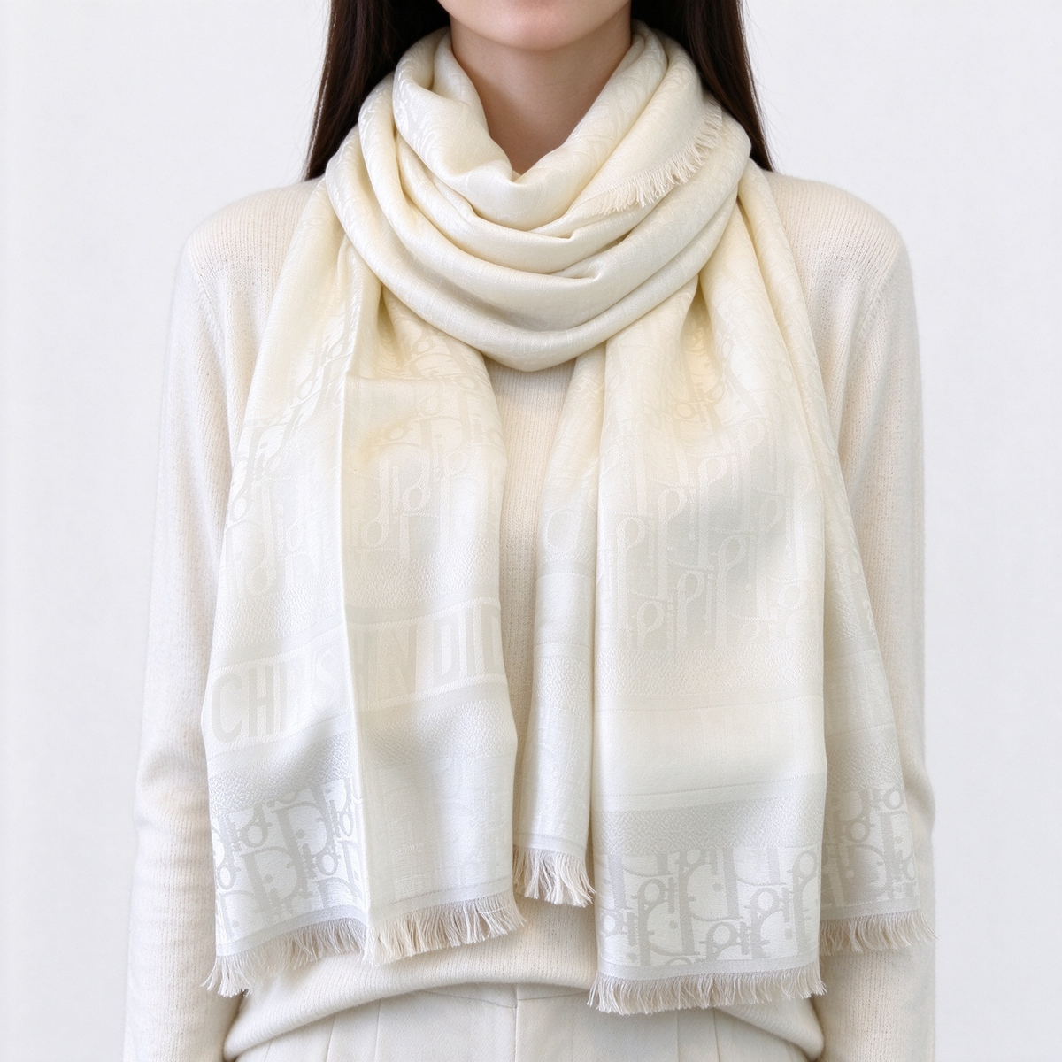Christian Dior Oblique Silk Wool Blend Shawl – Ivory & Ecru Monogram Fringed Wrap  | Luxury Designer Scarf