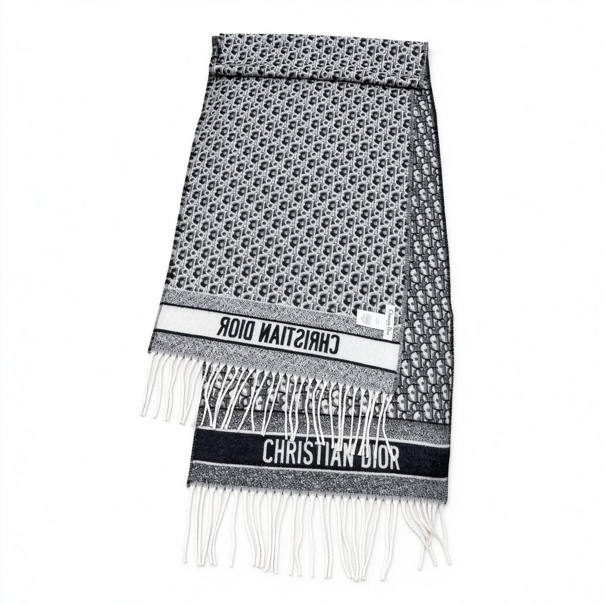 Dior Oblique Scarf in Black & White — Reversible Wool Silk Blend Logo Print Long Shawl with Fringe | Luxury Designer Fashion Accessory