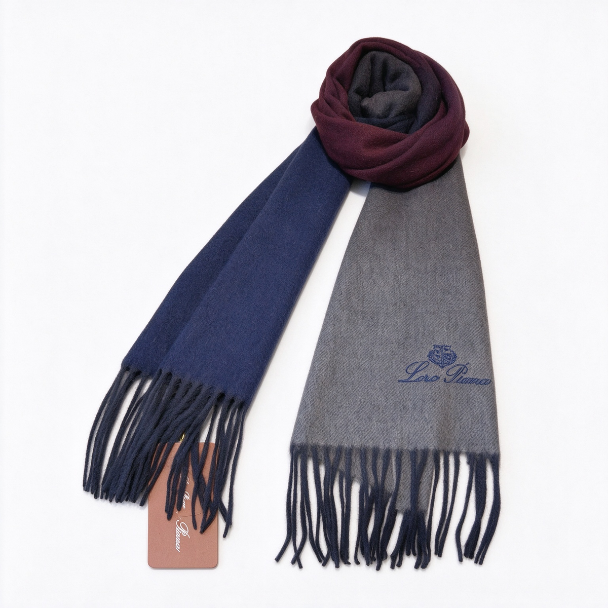 Loro Piana  Cashmere Grande Unita Scarf Heather Grey Navy Logo | Luxury Embroidered Fringed Wrap Women's & Men's Accessories