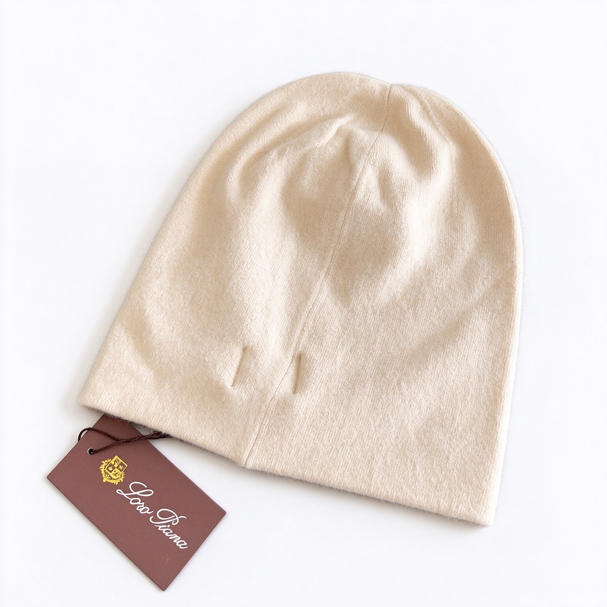 Loro Piana Cashmere Beanie Hat - Ivory/Cream Pure Cashmere Knit Cold Hat with Leather Label, Designer Luxury Winter Headwear