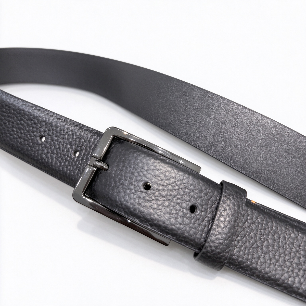 Loro Piana Reversible Pebbled & Smooth Leather Belt - All Black Italian Calfskin with Gunmetal Buckle, 2-in-1 Designer Luxury Waist Belt