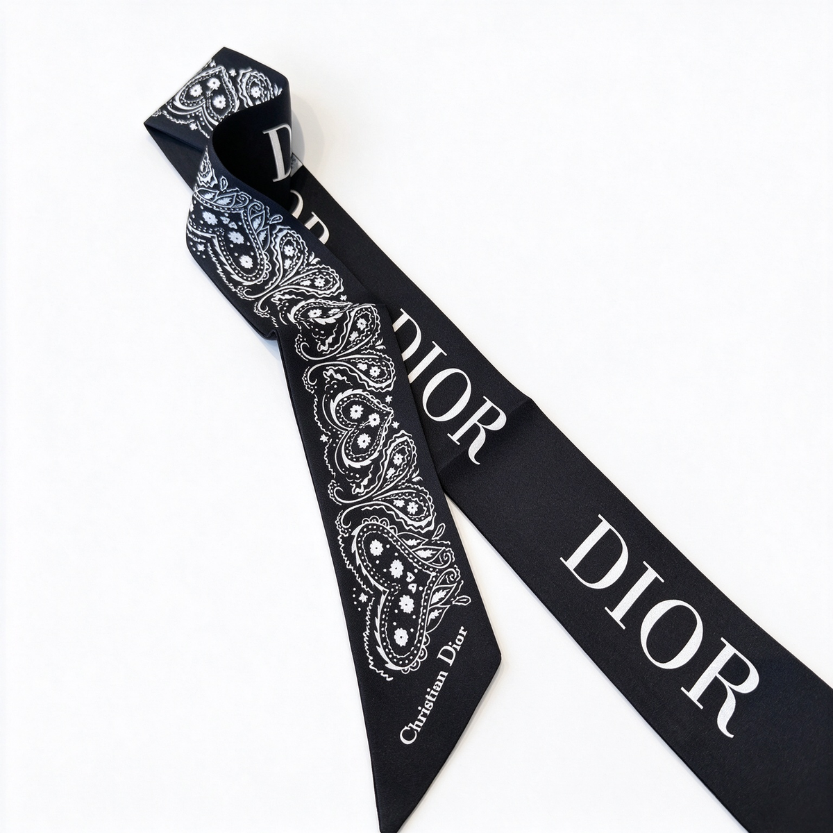 Dior-style slim silk scarf—black paisley pattern, a designer-style women’s silk scarf with a touch of French luxury