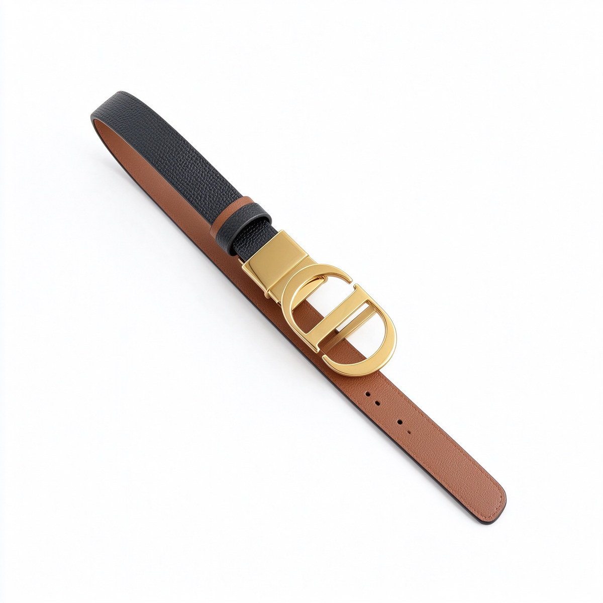 Dior 30 Montaigne Black Grained Leather Belt | Gold CD Buckle & Tan Contrast Lining — Luxury Designer Skinny Waist Belt