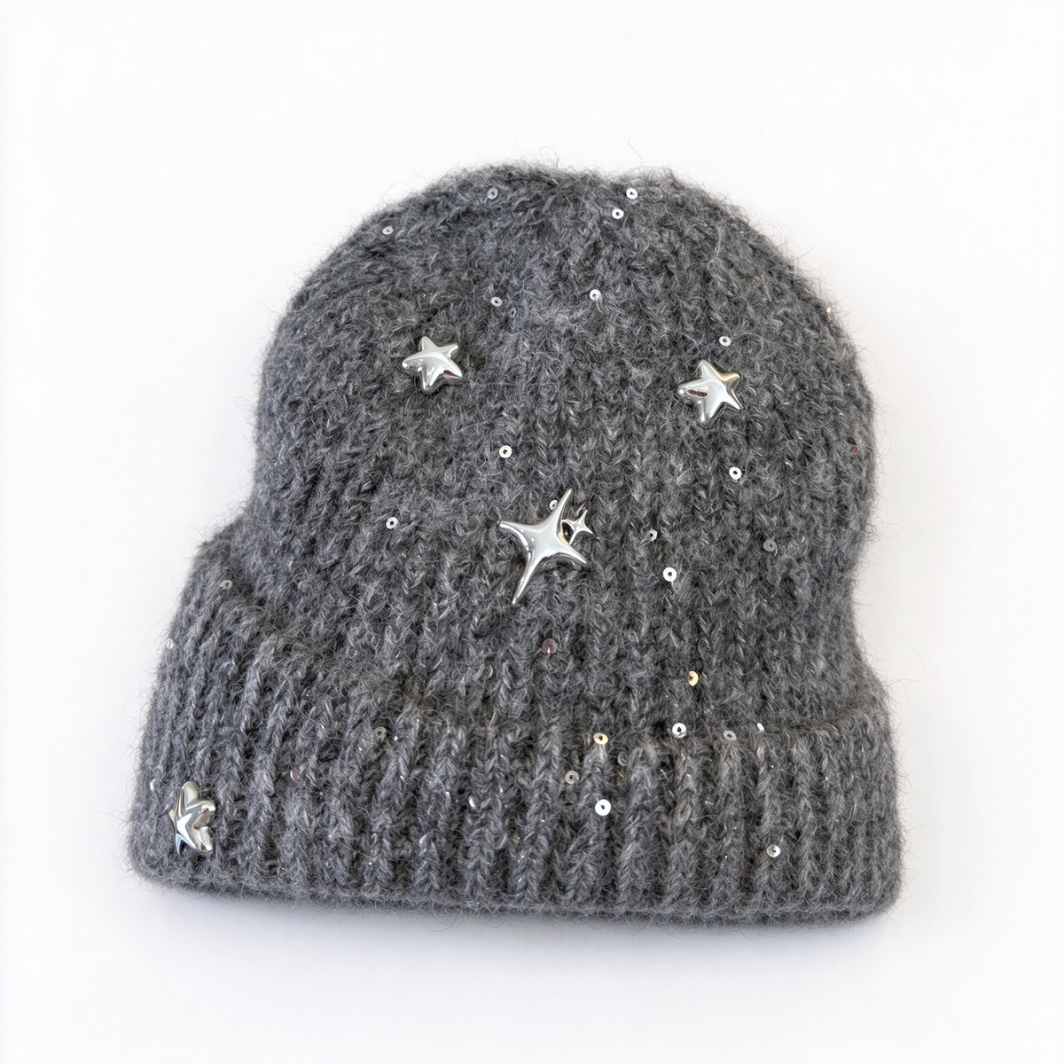 Dior "Starlight" collection sequined knit beanie—crafted from a charcoal-grey wool blend and embellished with metallic stars and a gold-tone Dior logo; a winter knit hat designed for women.