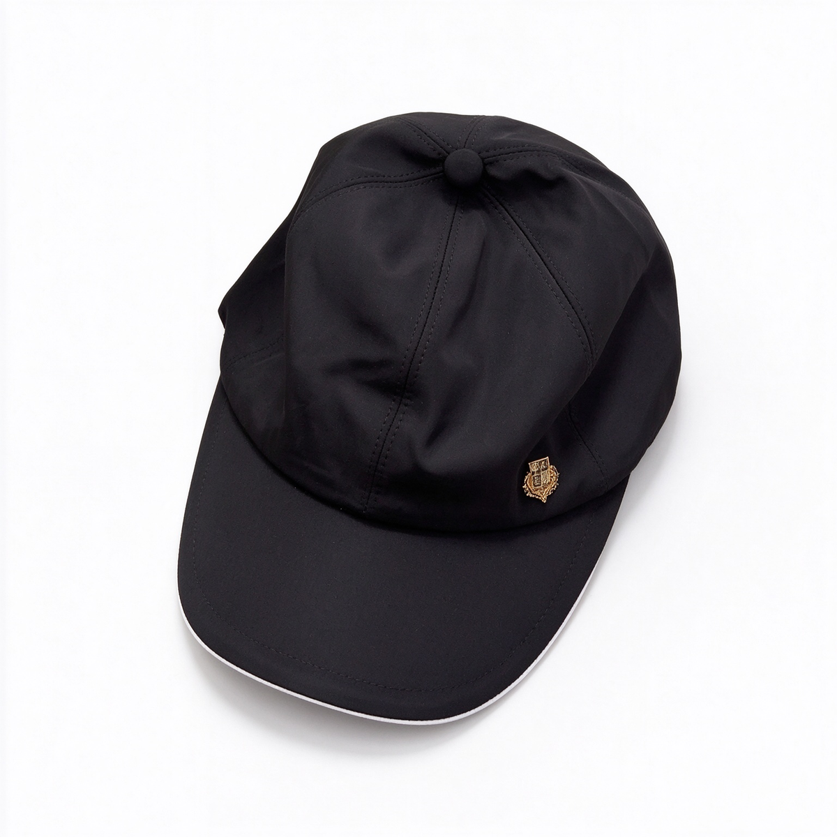 Loro Piana Storm System  Baseball Cap | Black Waterproof Wind Microfiber Hat with White Trim & Gold Crest Badge