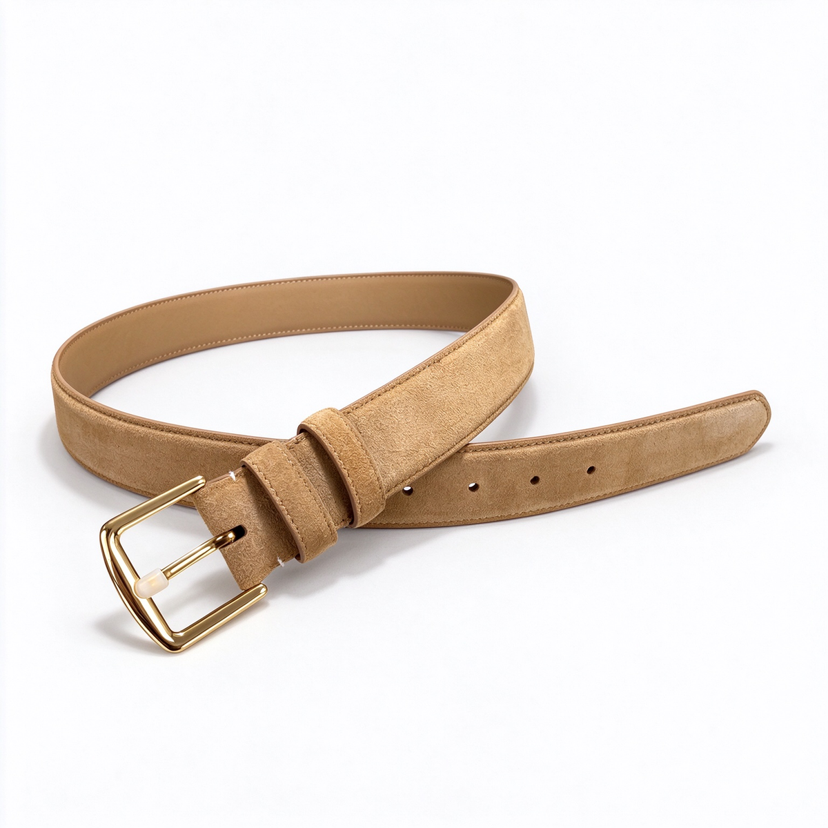Loro Piana Classic Suede Leather Belt - Camel/Tan Italian Suede with Polished Gold Square Buckle, Designer Luxury Waist Belt