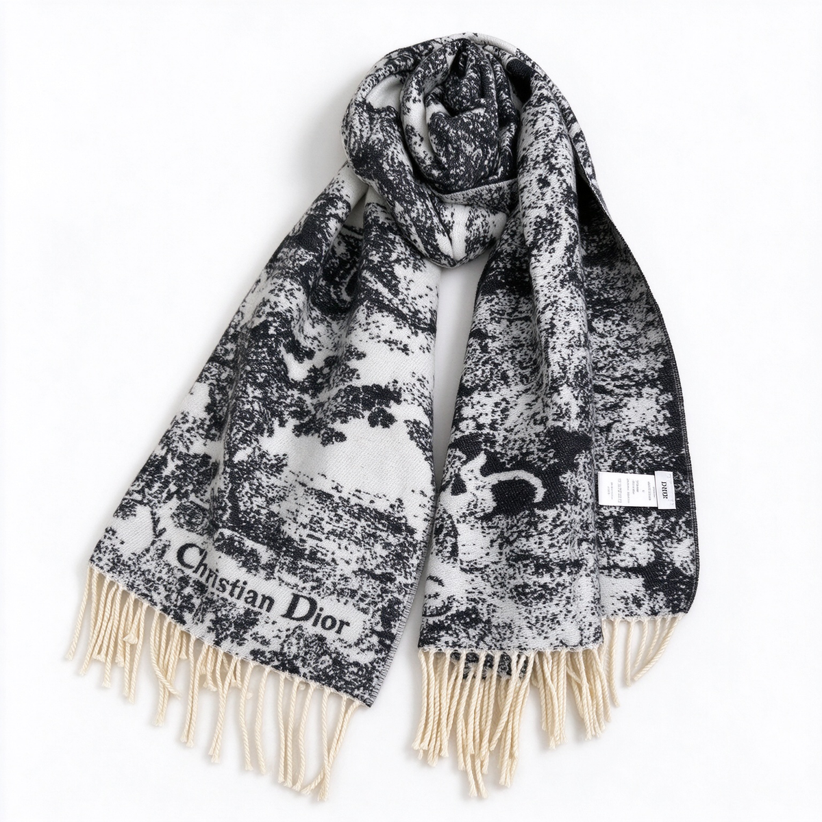 Dior Toile de Jouy Scarf | Black & White Wool Silk Cotton Wrap | Large Square Fringed Stole