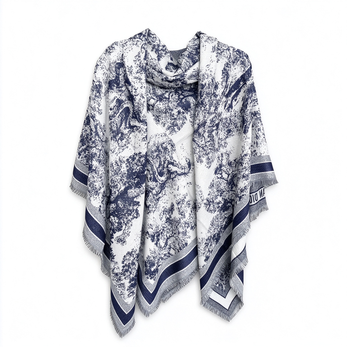 Christian Dior Toile de Jouy Jungle Wool Silk Scarf in Ivory & Navy — Large Fringed Blanket Wrap Shawl |  Luxury Designer Fashion Accessory