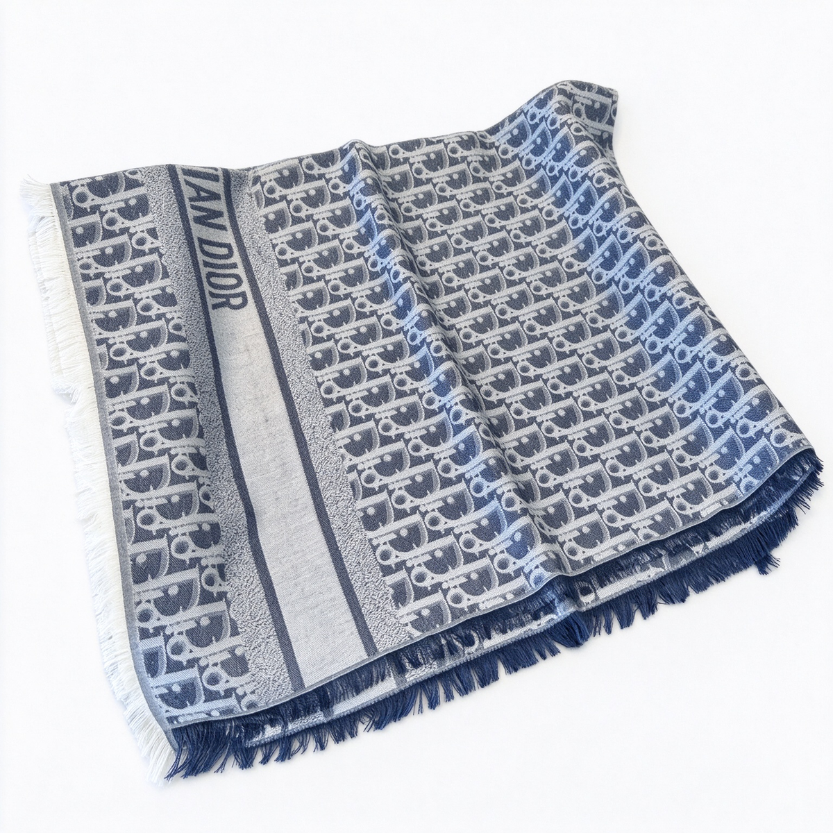 Christian Dior Oblique Jacquard Scarf – Navy & Light Blue Monogram Wool Cashmere Blend Reversible Fringed Scarf | Luxury Designer Unisex Accessory