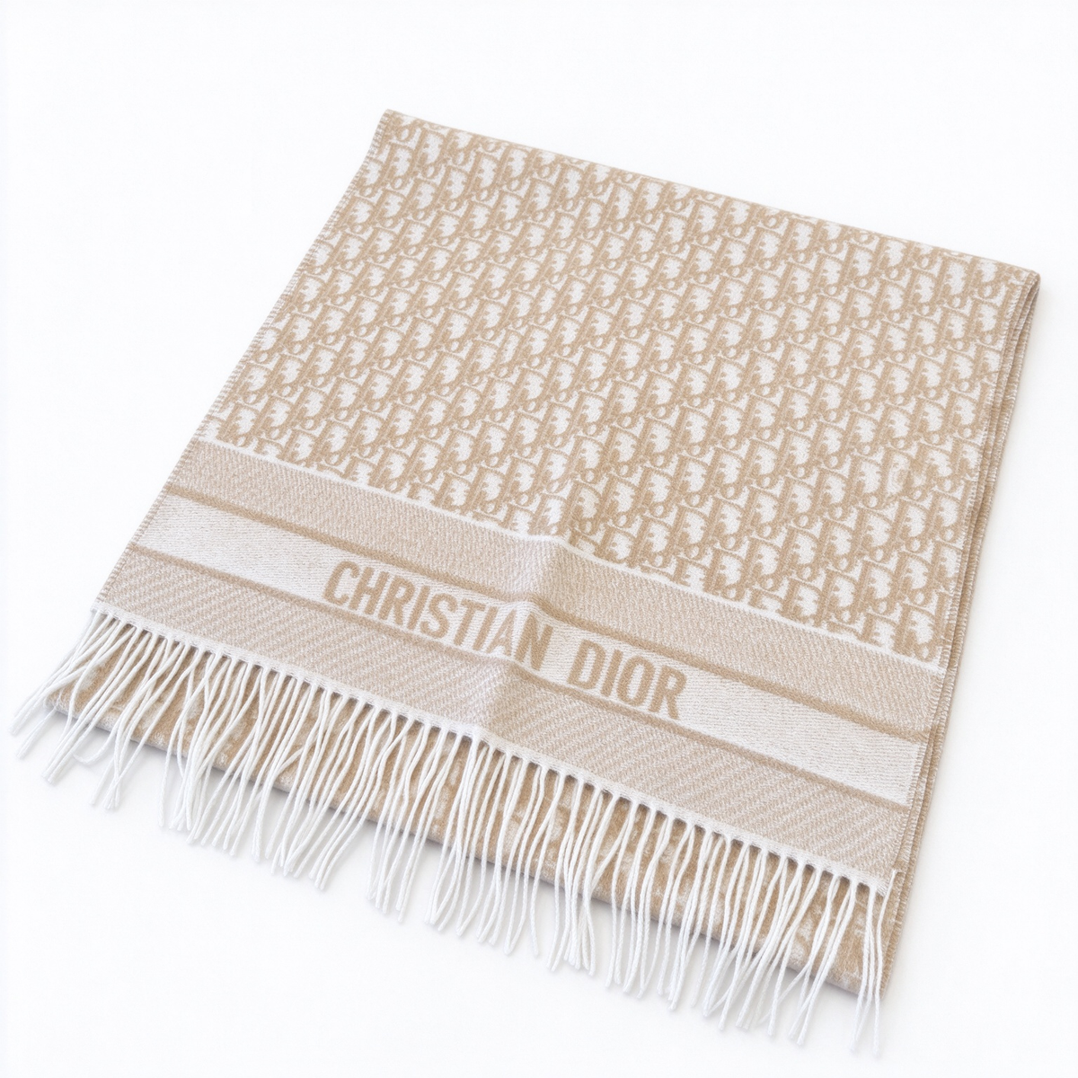 Dior Oblique Jacquard Scarf | Beige & White  Wool Wrap | Embroidered Logo Band & Fringed Stole