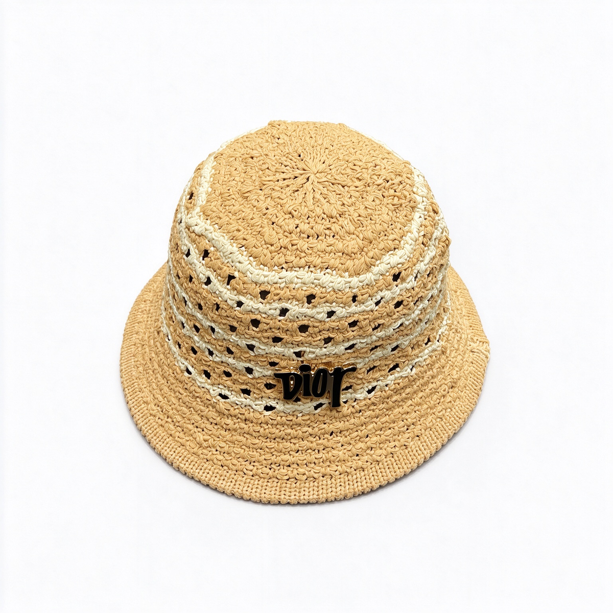 Dior-style crocheted raffia bucket hat—crafted from natural beige raffia in an open-weave pattern, featuring a black, metallic-finish Dior logo.