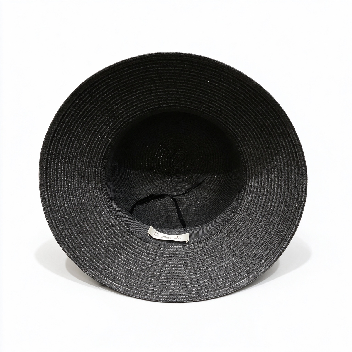 Dior Style Straw Sun Hat – Black Woven Wide Brim Beach Hat with Ivory Ribbon & Christian Dior Logo Plaque, Luxury French Designer Summer Resort Hat for Women