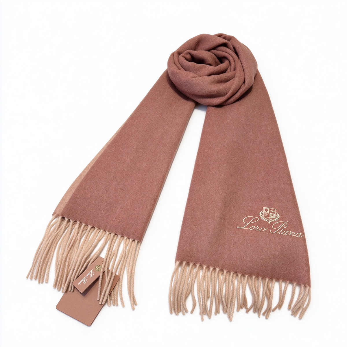 Loro PianaCashmere Grande Unita Reversible Scarf Dusty Rose Oatmeal | Gold Embroidered Crest Fringed Luxury Wrap Women's