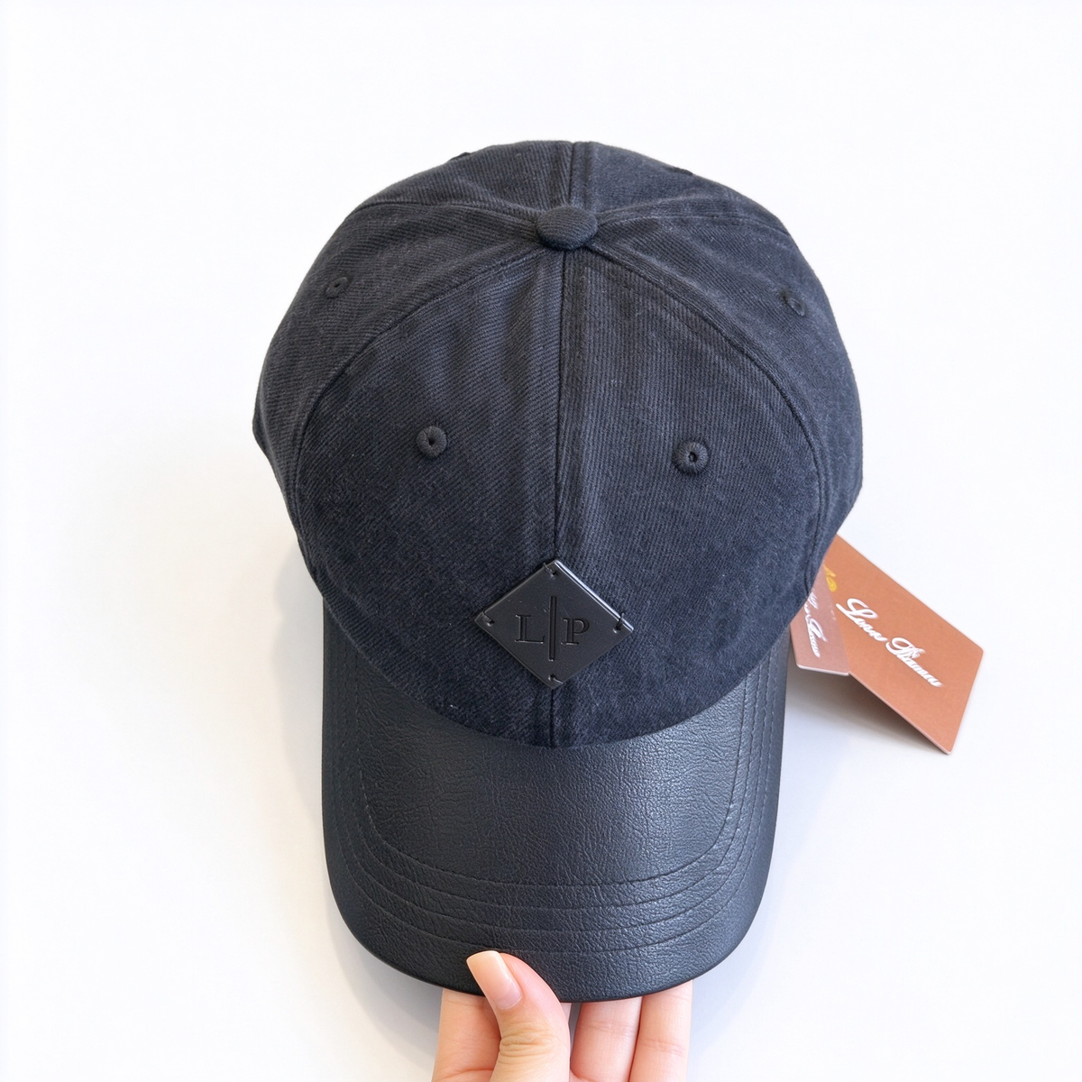 Loro Piana Black Leather Trim Baseball Cap - Charcoal Cotton Twill Dad Hat with Black Calfskin Brim & LP Diamond Patch, Designer Luxury Cap