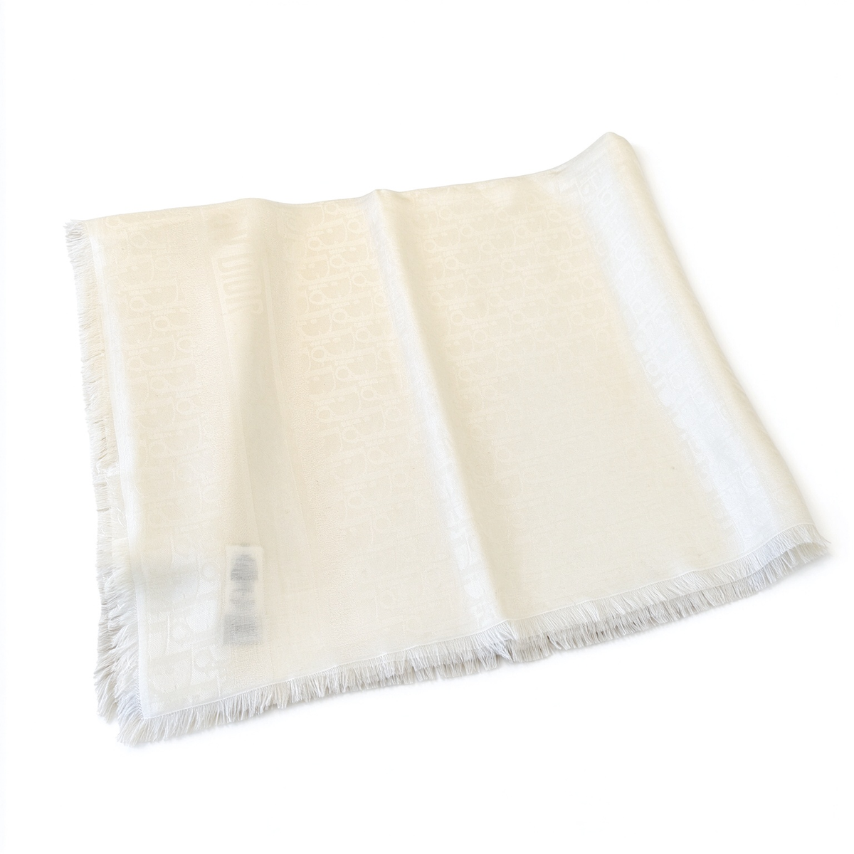 Christian Dior Oblique Silk Wool Blend Shawl – Ivory & Ecru Monogram Fringed Wrap  | Luxury Designer Scarf