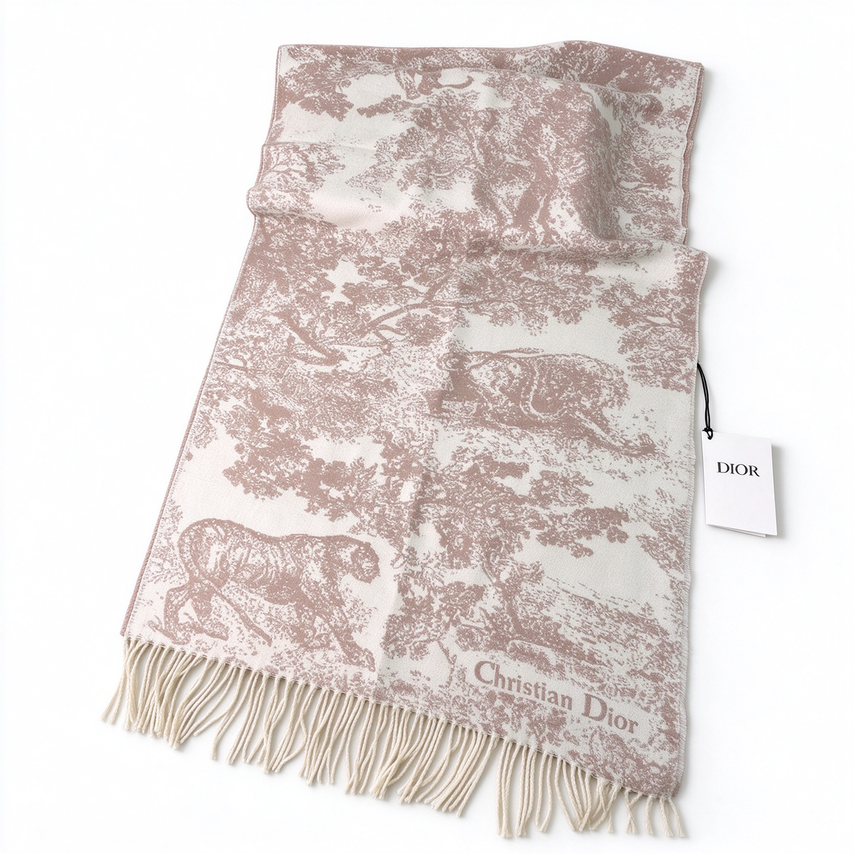 Dior Sauvage Toile de Jouy Scarf | Blush Pink & Ivory Cashmere Wool Wrap | Embroidered Logo & Fringed Shawl