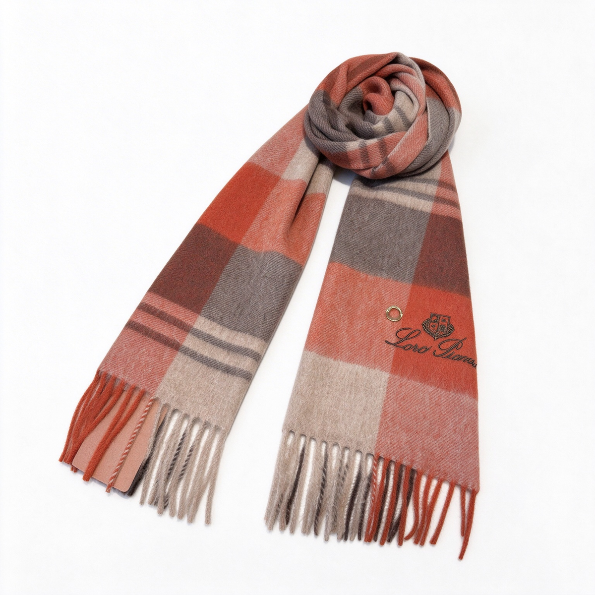 Loro Piana  Cashmere Large Check Scarf Shawl Rust Terracotta Grey | Luxury Plaid Oversized Wrap Women's & Men's Fine Accessories