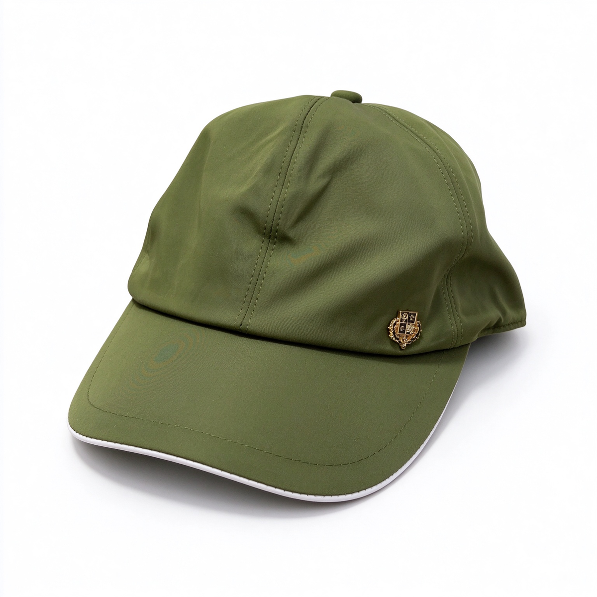 Loro Piana Storm System  Baseball Cap | Olive Green Waterproof Wind Microfiber Hat with White Trim & Gold Crest Badge