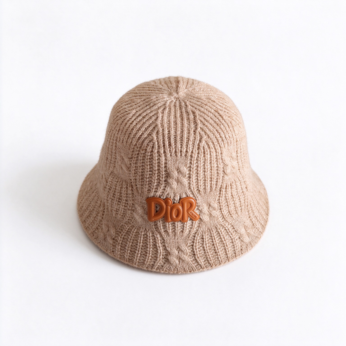 Dior Style Cable Knit Bucket Hat – Oatmeal Camel Wool Blend Fisherman Hat with Brown Leather Dior Logo Patch,