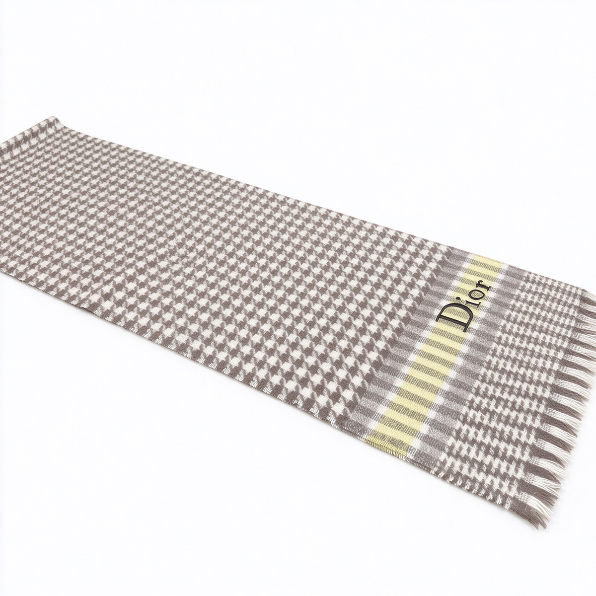 Christian Dior Houndstooth Cashmere Wool Scarf – Beige & Yellow Striped Fringed Shawl | Luxury Designer Winter Accessory