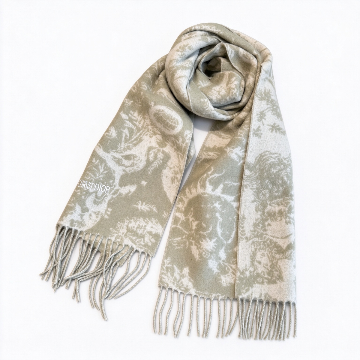 Christian Dior Sauvage Toile de Jouy Scarf – Olive Green & Cream Cashmere Wool Blend with Fringe & Logo Detail | Luxury Designer Scarf for Women