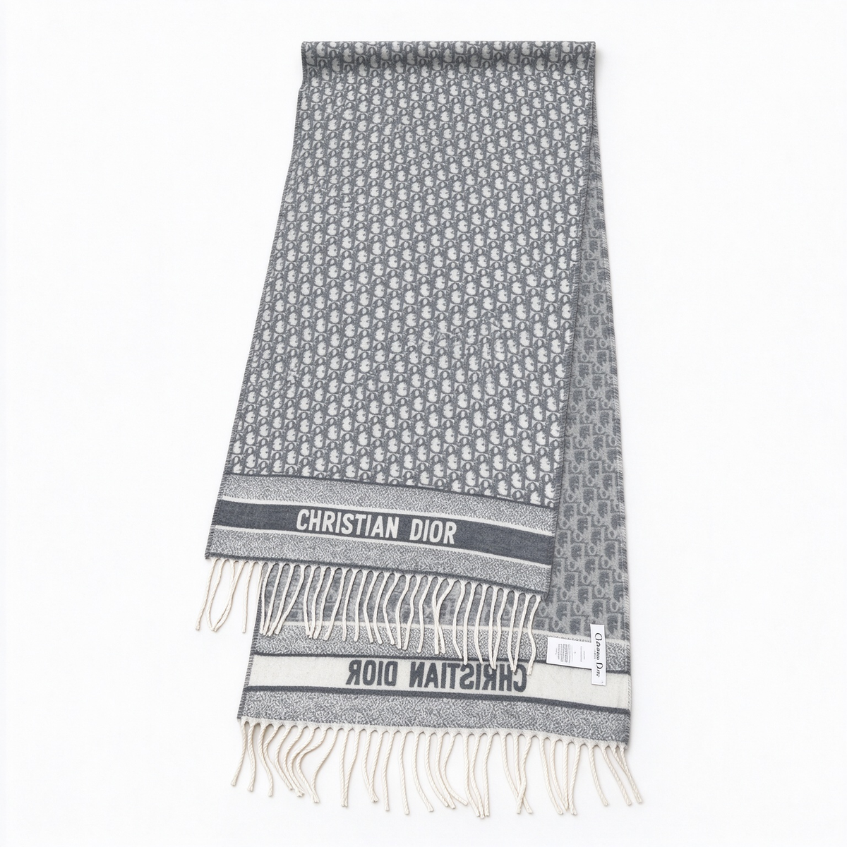 Dior Oblique Jacquard Scarf | Grey & White  Wool Wrap | Embroidered Logo Band & Fringed Stole