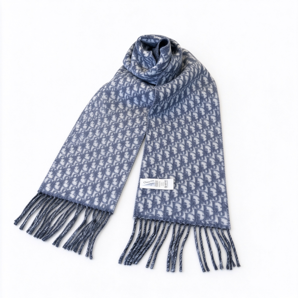 Dior Oblique Scarf in Navy Blue Gradient — Reversible Wool Silk Blend Logo Print Long Shawl with Fringe | Luxury Designer Fashion Accessory
