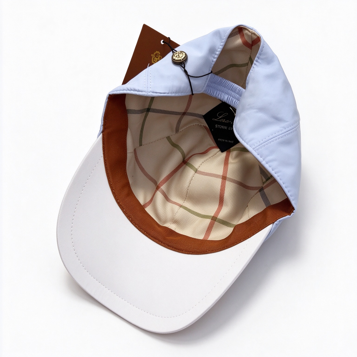 Loro Piana Storm System  Baseball Cap | Light Blue Waterproof Wind Microfiber Hat with White Trim & Gold Crest Badge
