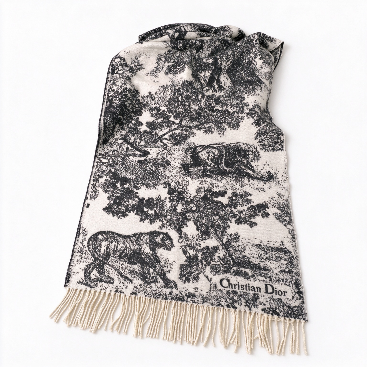 Christian Dior Toile de Jouy Sauvage Scarf in Black & White — Reversible Cashmere Wool Blend Fringed Shawl | Luxury Designer Fashion Accessory