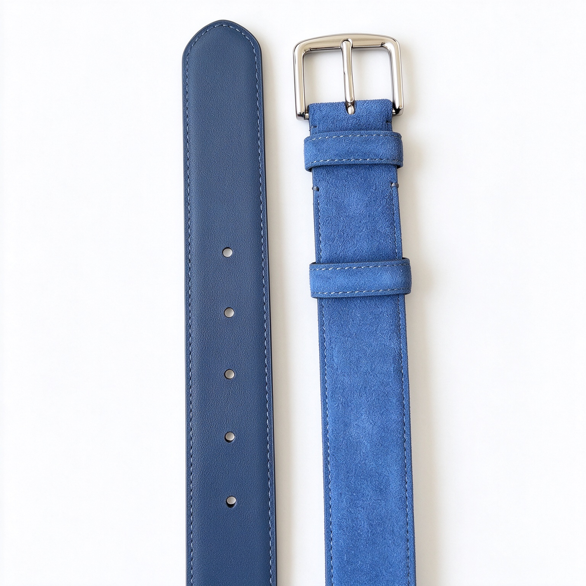 Loro Piana Men's Suede Leather Belt in Medium Blue with Silver-Tone Buckle — Italian Crafted Reversible Luxury Belt | Premium Designer Fashion Accessories