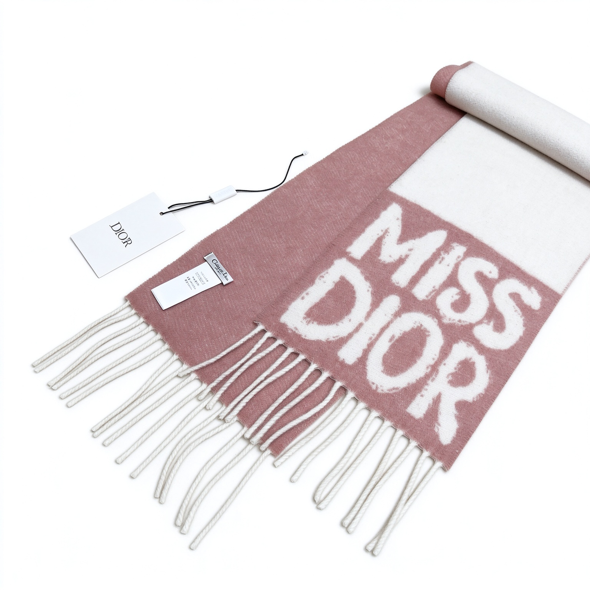 Dior Miss Dior Scarf | Blush Pink & White Wool Cashmere Wrap | Oversized Logo Fringed Luxury Winter Stole