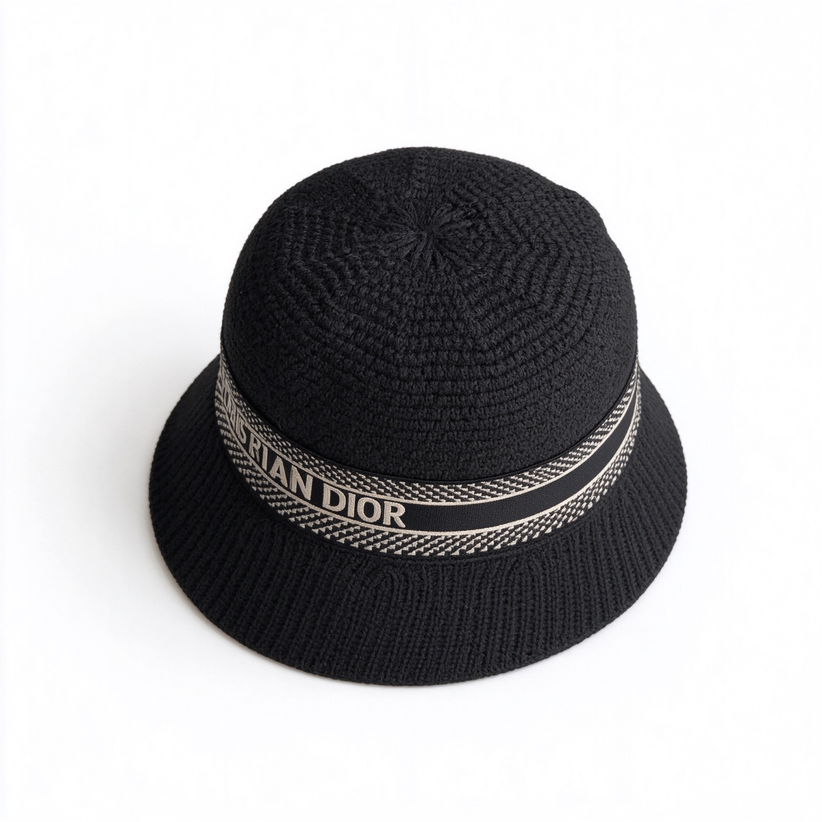 Dior Style Ribbed Knit Bucket Hat – Black Fisherman Hat with Christian Dior Houndstooth Jacquard Logo Band, Luxury Designer Casual Streetwear Sun Hat for Women & Men