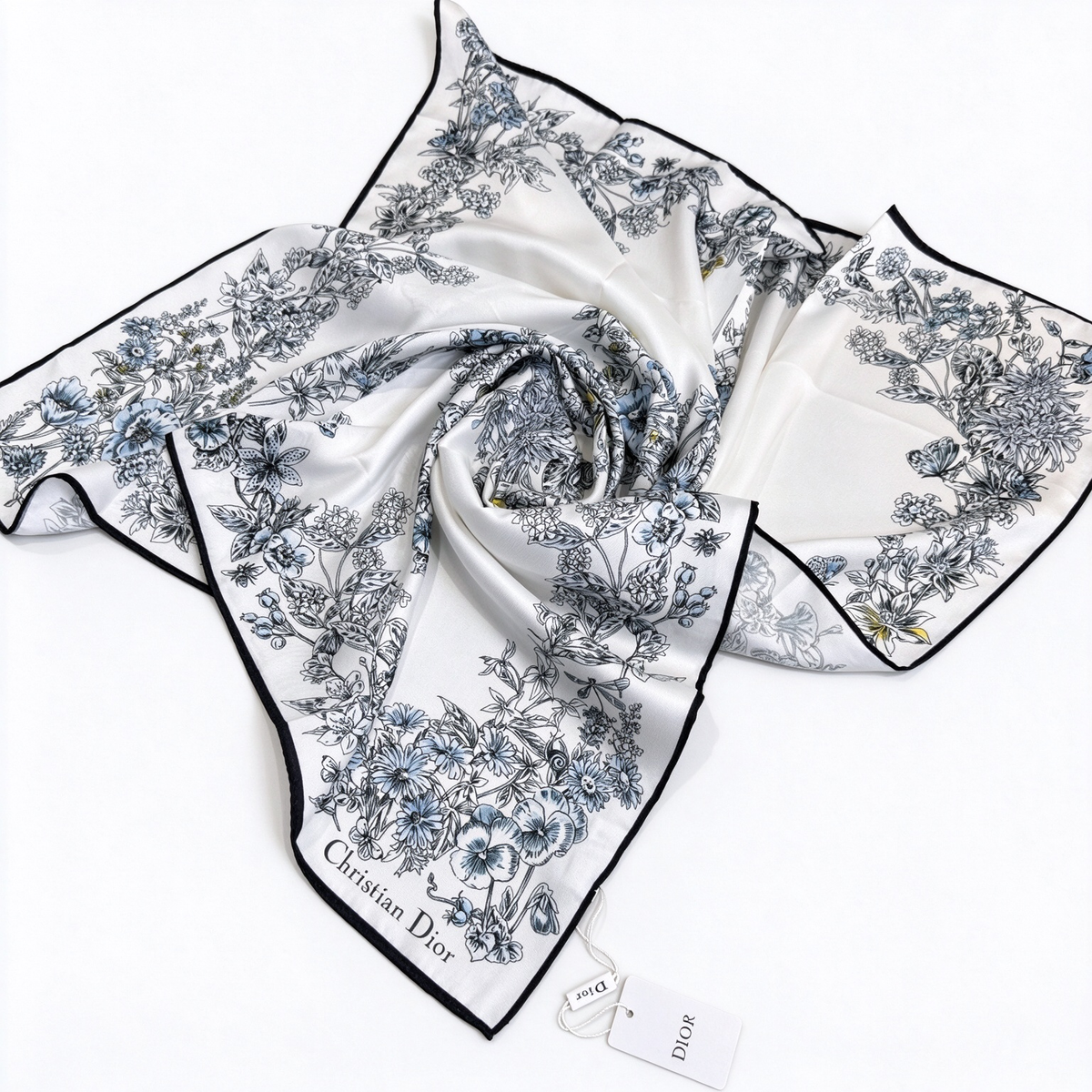 Dior Star Floral Silk Scarf | Ivory & Blue Hand-Rolled Square Scarf | Luxury Silk Twill