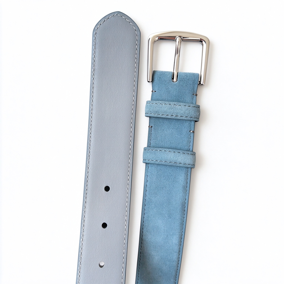 Loro Piana Men's Suede Leather Belt in Light Blue-Gray with Silver-Tone Buckle — Italian Crafted Luxury Casual Belt | Premium Designer Fashion Accessories