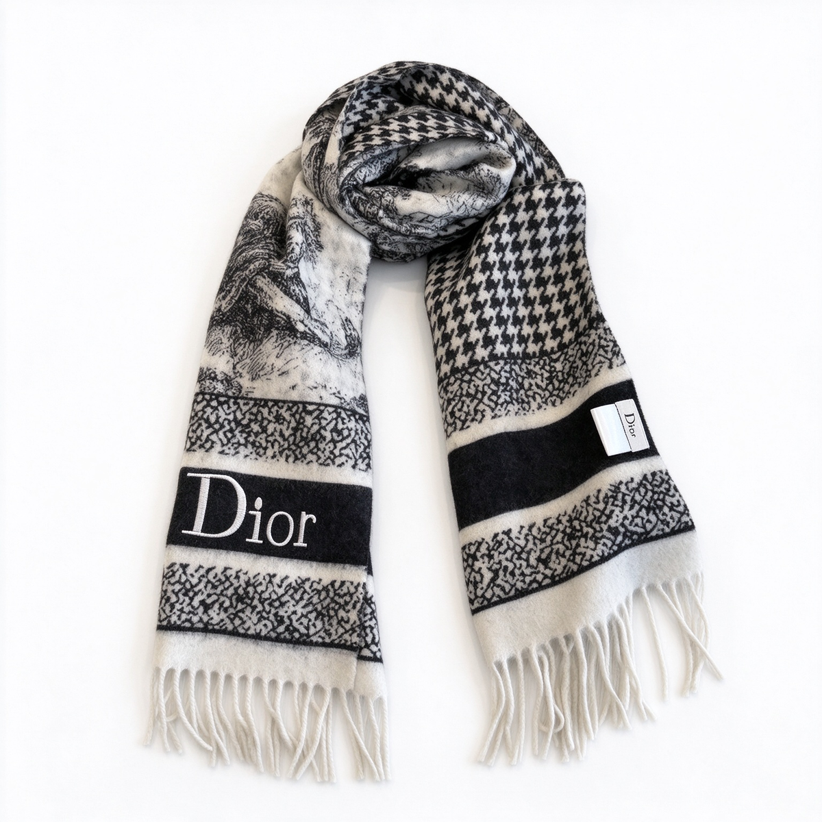 Christian Dior Striped Logo Scarf – Black & White Wool Cashmere Blend with Thick Fringe | Luxury Designer Winter Accessory