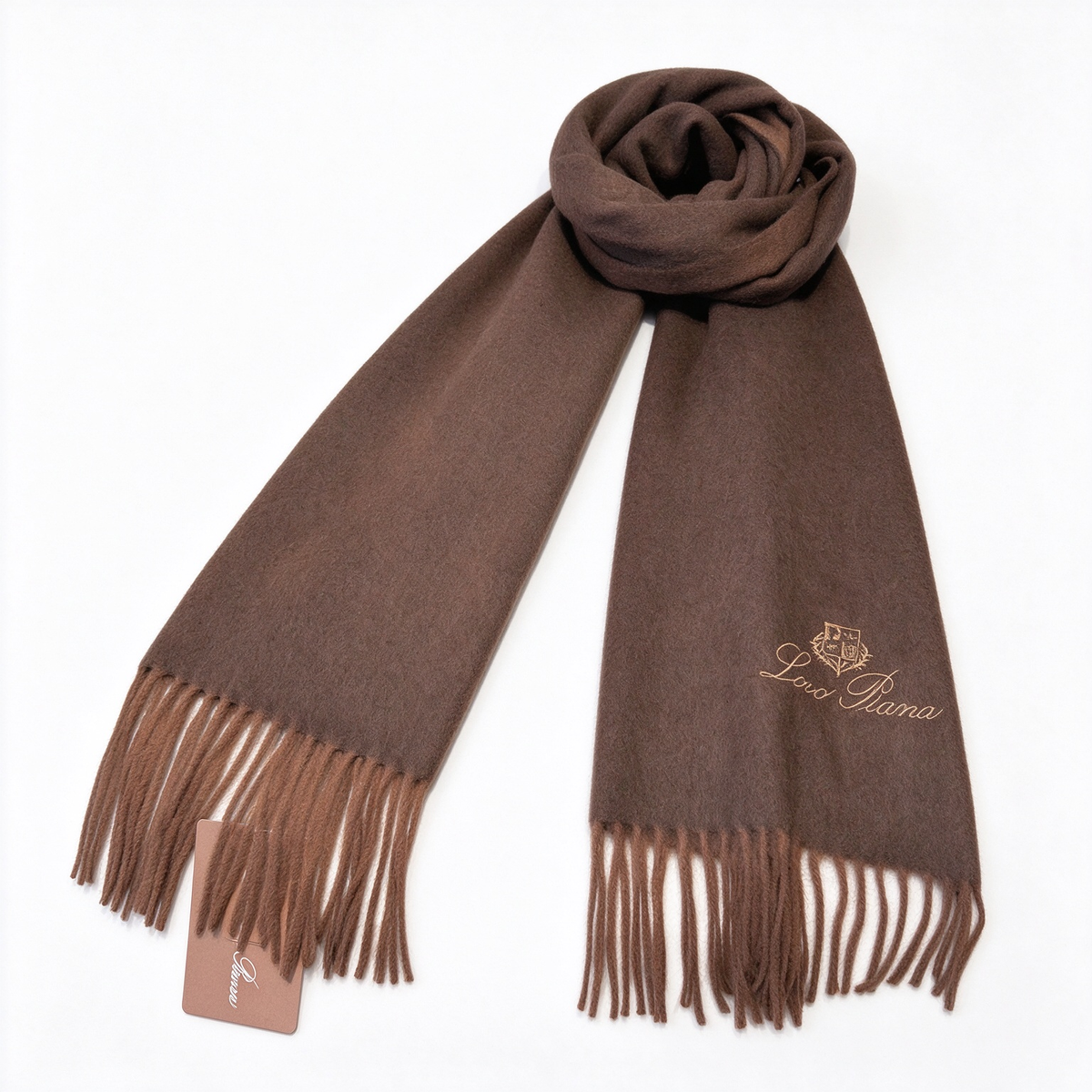 Loro Piana Cashmere Grande Unita Scarf Dark Chocolate Brown | Gold Embroidered Crest Fringed Luxury Wrap Women's & Men's