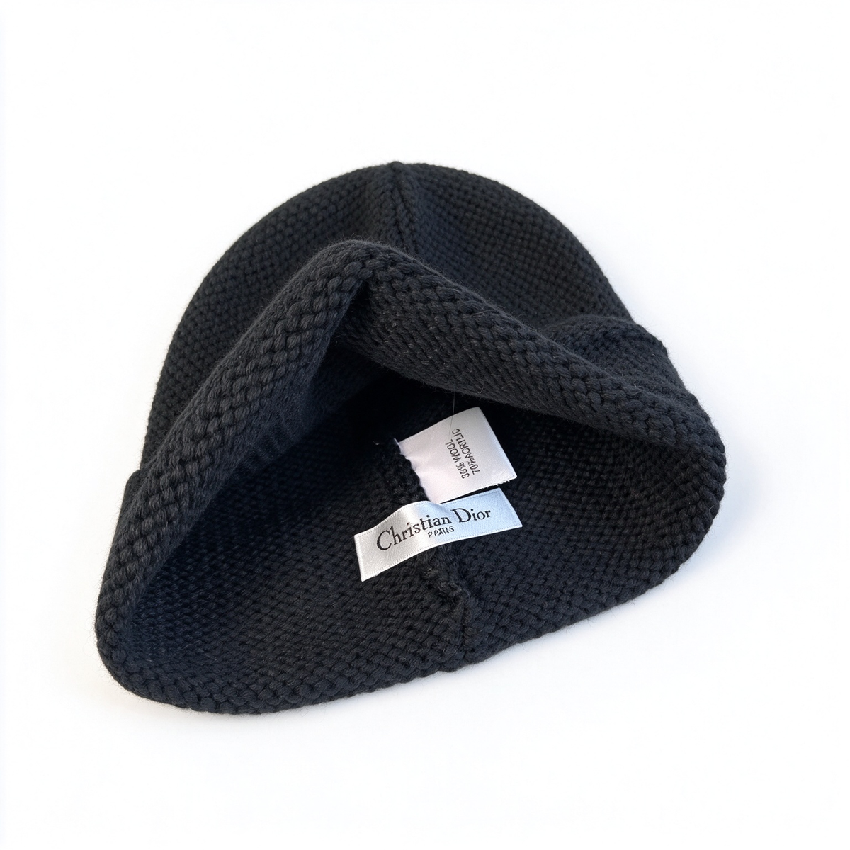 Dior Style CD Logo Knit Beanie – Jet Black Wool Blend Ribbed Cold Weather Hat with Gold CD Metal Badge, Luxury French Designer Winter Cap for Men & Women