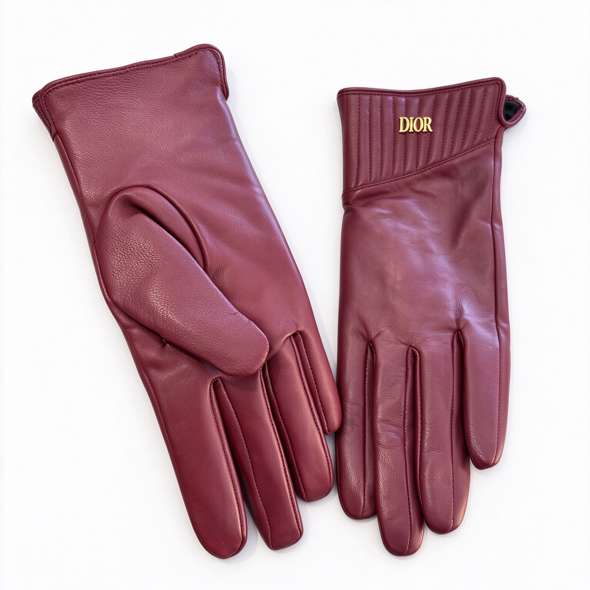 Dior Lambskin Touchscreen Gloves | Burgundy Wine Red Leather with Gold-Tone DIOR Logo & Cashmere Lining