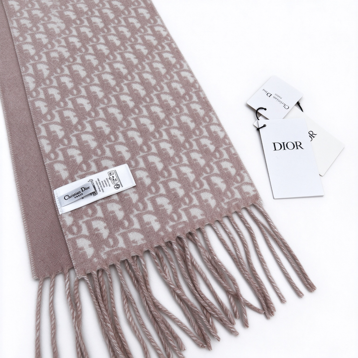 Dior Oblique Jacquard Scarf | Dusty Pink & Light Grey Reversible  Wool Wrap | Embroidered Logo Fringed Stole