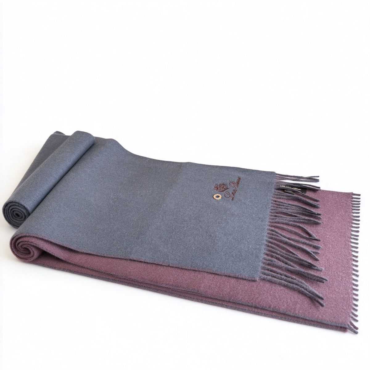Loro Piana ReversibleCashmere Scarf | Luxury Winter Wrap in Charcoal Grey & Plum Burgundy | Embroidered Crest & Gold Grommet